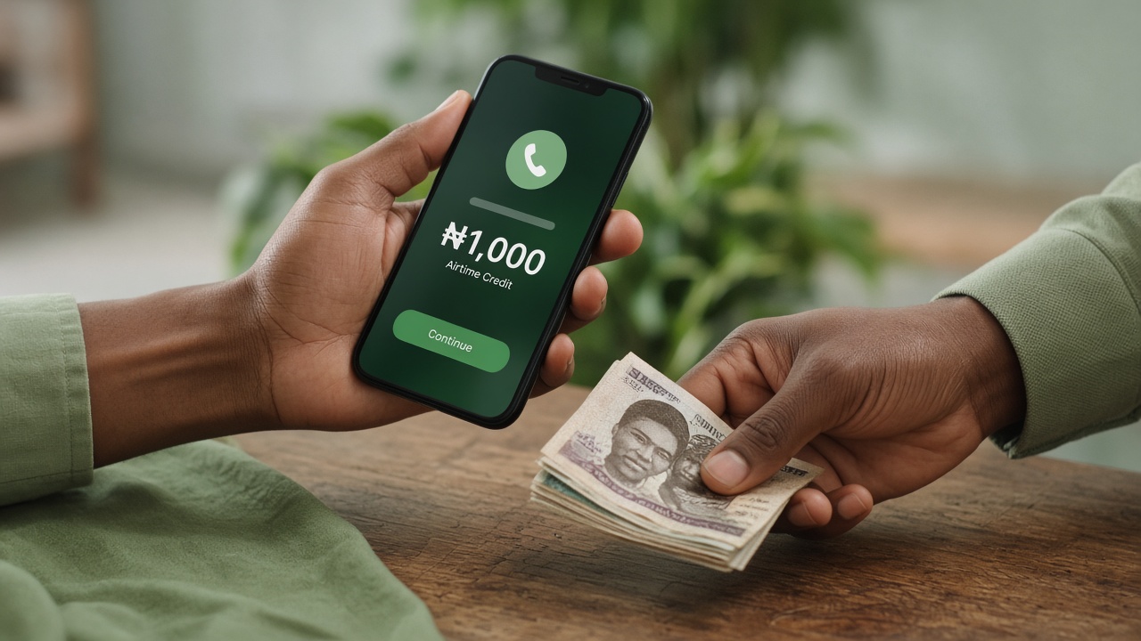 Smartphone and cash on a table for an airtime-to-cash conversion