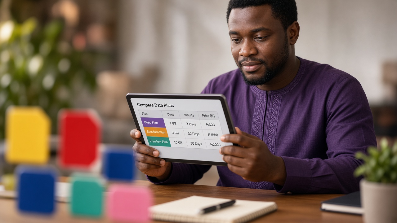 Comparing mobile data plans across Nigerian networks on a tablet